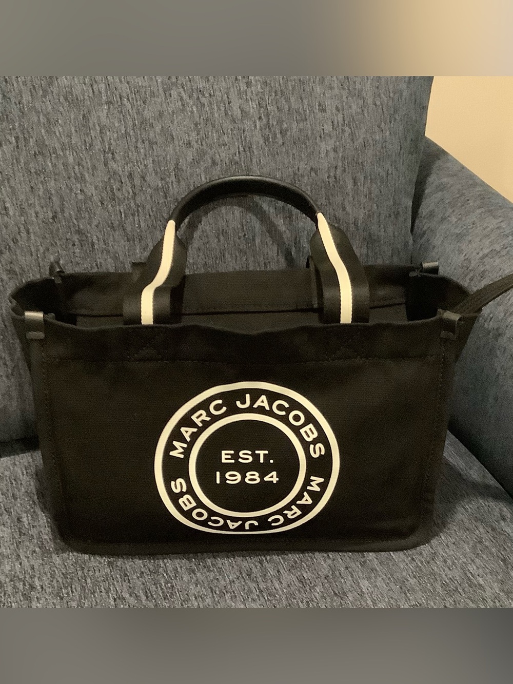 Marc Jacobs Black Canvas Messenger Tote with White Logo
